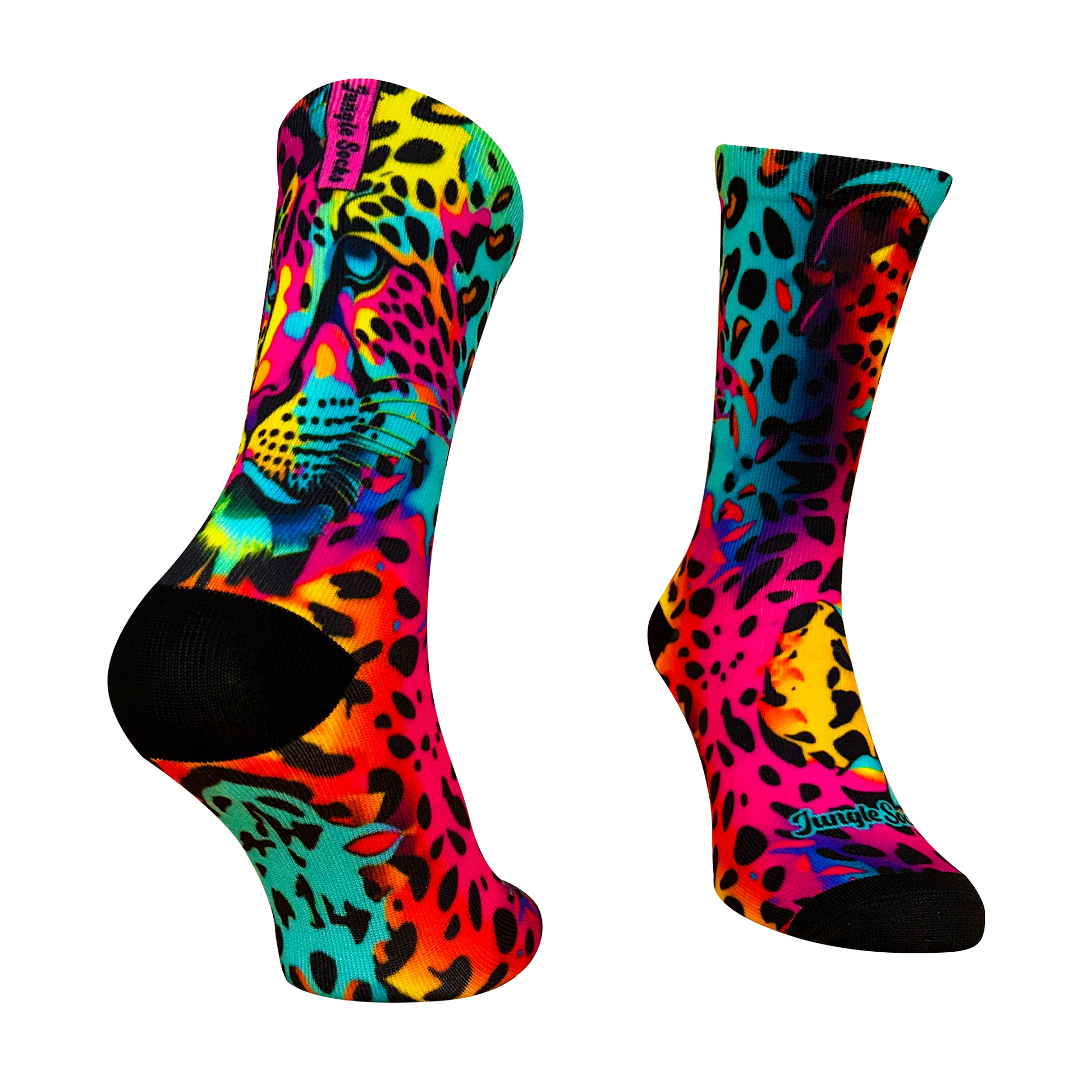 Calcetines coloridos y divertidos deportivos animal print multi color con la cabeza de un tigre en la parte trasera